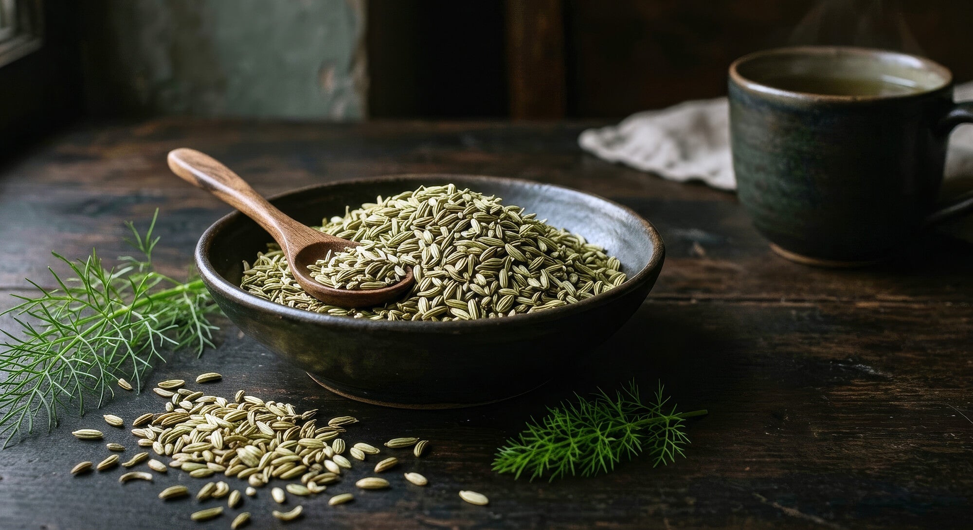 Fennel seeds in a bowl with fresh fennel fronds
