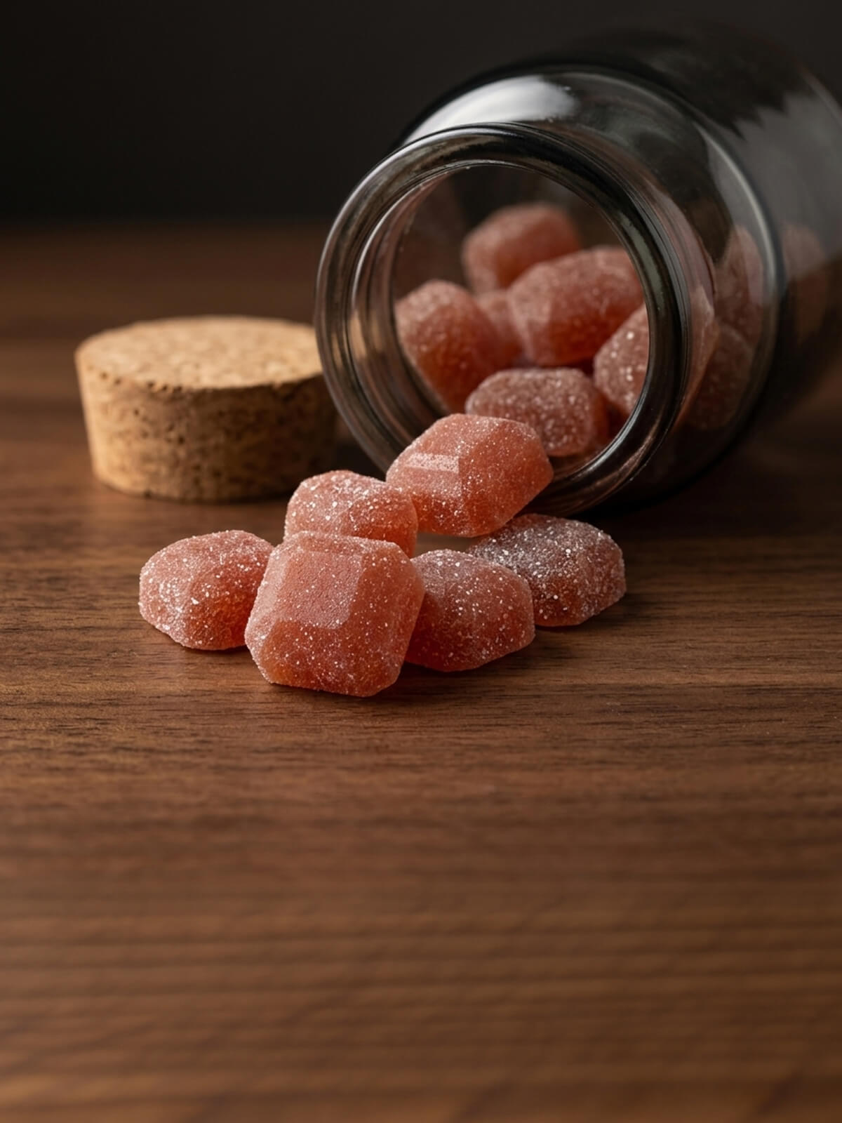 Jar of Crescent creatine gummies spilling onto a wooden table