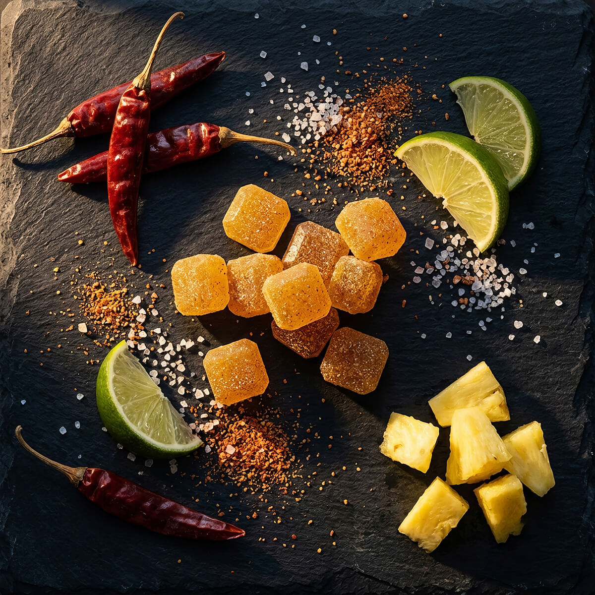gummies on platter with chili and pineapple props