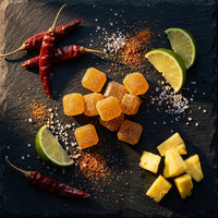 gummies on platter with chili and pineapple props